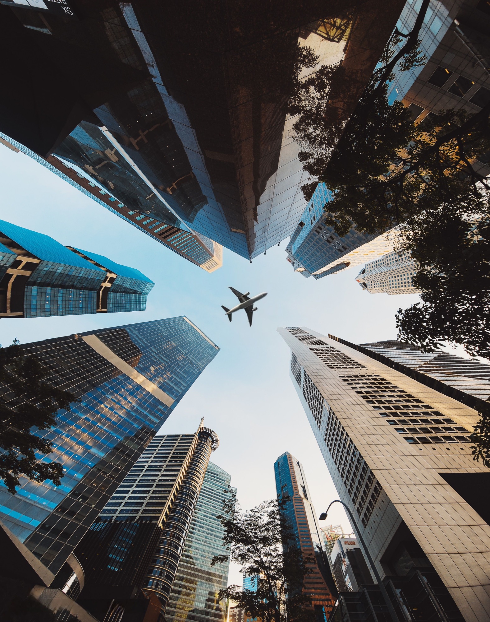 Architectural view of an international commercial city with an aircraft overhead